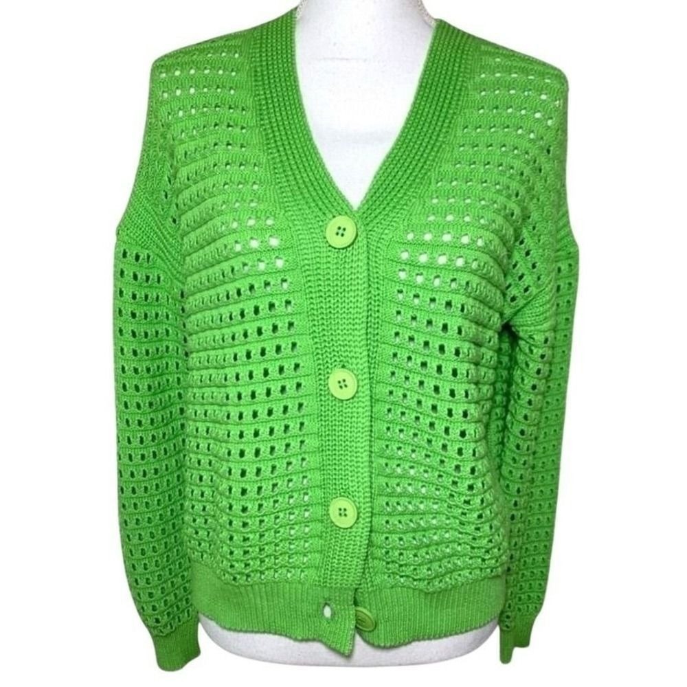 NWT Elena Wang Green Cardigan Sweater Open Weave Women Size Small 100% Cotton